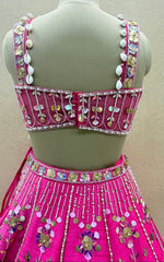Hot Pink Bridal Lehenga Choli with Heavy Mirror Work, Pearl Tassels & Floral Sequin Embroidery