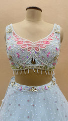 Luxury Ice Blue Butterfly Lehenga Set with Pearl, Sequins & 3D Hand Embroidered