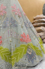 Luxury Ice Blue Butterfly Lehenga Set with Pearl, Sequins & 3D Hand Embroidered