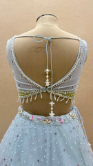 Luxury Ice Blue Butterfly Lehenga Set with Pearl, Sequins & 3D Hand Embroidered