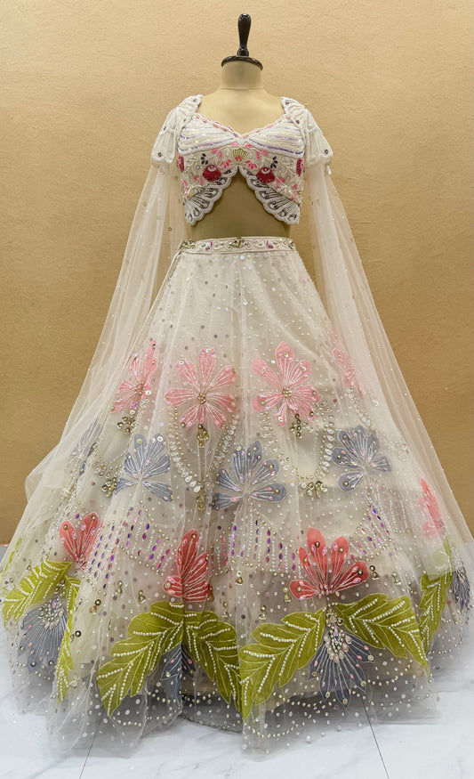 Luxury White floral, Pearl & Sequin Embroidered PDP inspired Lehenga Choli Set