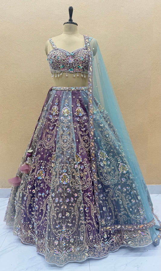 Dusty Lavender & Misty Blue Heavy Embroidered Designer Lehenga Choli Set with Dupatta