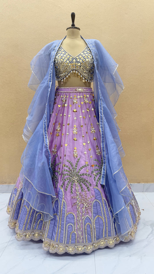 Lavender Hand-Made Designer Lehenga Set with Heavy Pearl & Coin Work Blouse & Organza Dupatta