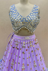 Lavender Hand-Made Designer Lehenga Set with Heavy Pearl & Coin Work Blouse & Organza Dupatta