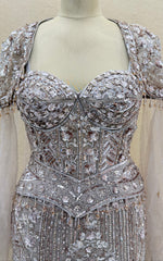 Champagne Silver Luxury Fishcut Lehenga Gown Set with Hand Embroidery, Sequins & Dramatic Ruffle Flare