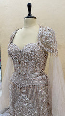 Champagne Silver Luxury Fishcut Lehenga Gown Set with Hand Embroidery, Sequins & Dramatic Ruffle Flare