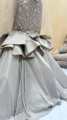 Champagne Silver Luxury Fishcut Lehenga Gown Set with Hand Embroidery, Sequins & Dramatic Ruffle Flare