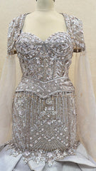 Champagne Silver Luxury Fishcut Lehenga Gown Set with Hand Embroidery, Sequins & Dramatic Ruffle Flare