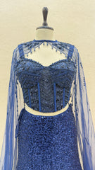 Navy Blue Sequin Embroidered Fish Cut Lehenga Choli with Cape Sleeves | Designer Mermaid Lehenga for Cocktail & Wedding