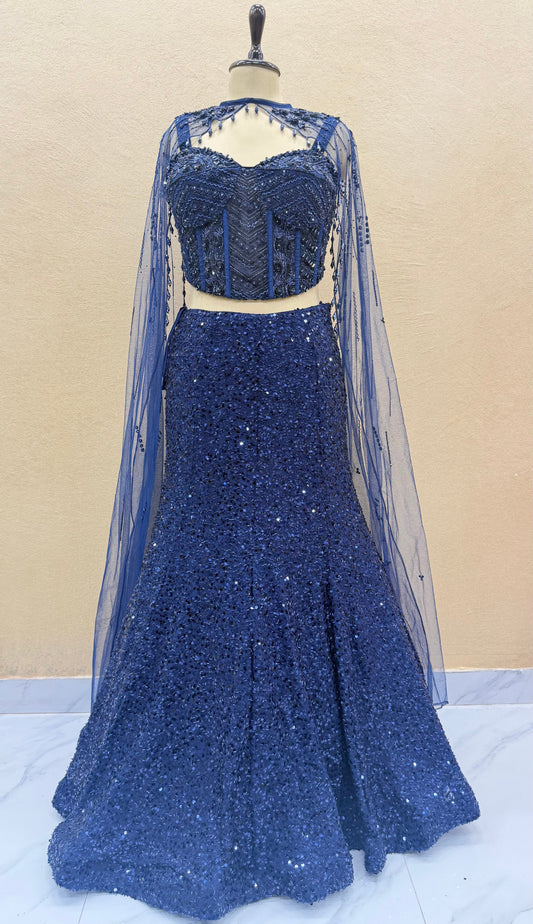 Navy Blue Sequin Embroidered Fish Cut Lehenga Choli with Cape Sleeves | Designer Mermaid Lehenga for Cocktail & Wedding