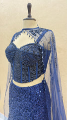 Navy Blue Sequin Embroidered Fish Cut Lehenga Choli with Cape Sleeves | Designer Mermaid Lehenga for Cocktail & Wedding