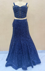 Navy Blue Sequin Embroidered Fish Cut Lehenga Choli with Cape Sleeves | Designer Mermaid Lehenga for Cocktail & Wedding