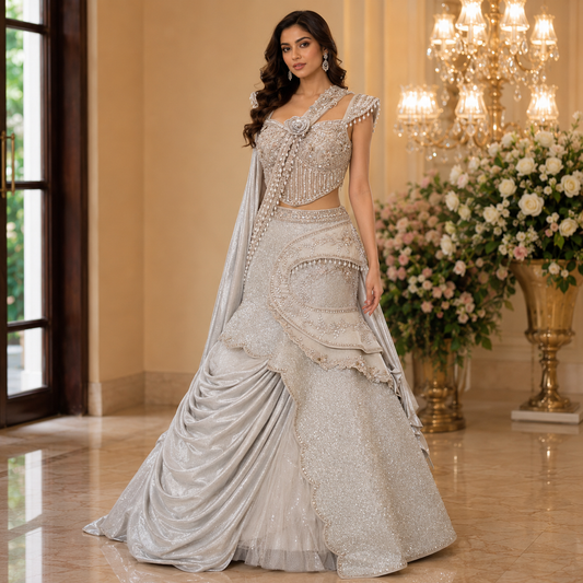 Ivory Pearl Embellished Fish Cut Designer Lehenga Set with Sculpted Corset Blouse & Dramatic Draped Trail