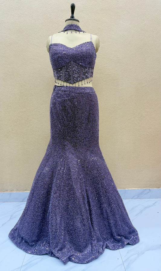 Modern Lavender Crystal Fishcut Lehenga Set with Heavy Corset Blouse
