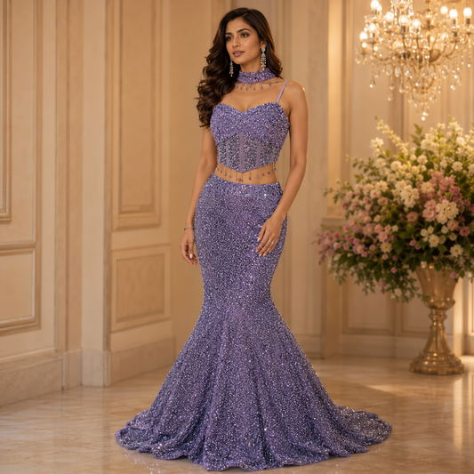 Modern Lavender Crystal Mermaid Lehenga Set with Heavy Corset Blouse