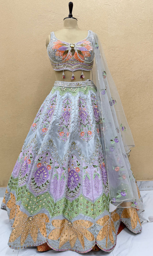 Pastel Grey Floral Hand-Embroidered Designer Lehenga Choli Set with Sequins, Pearl Work & Net Dupatta