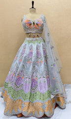 Pastel Grey Floral Hand-Embroidered Designer Lehenga Choli Set with Sequins, Pearl Work & Net Dupatta