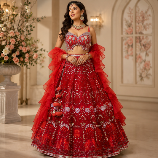 Red Heavy Handcrafted Wedding Lehenga Choli Set