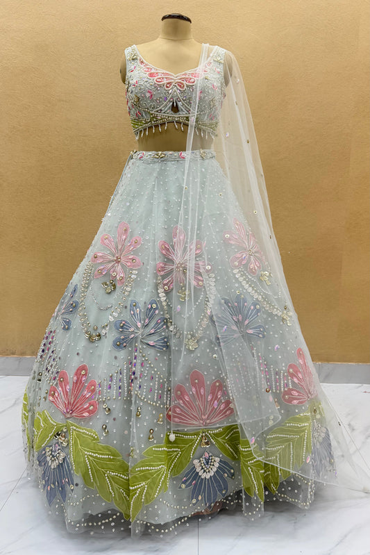 handcrafted ice blue pdp inspired lehenga choli set 